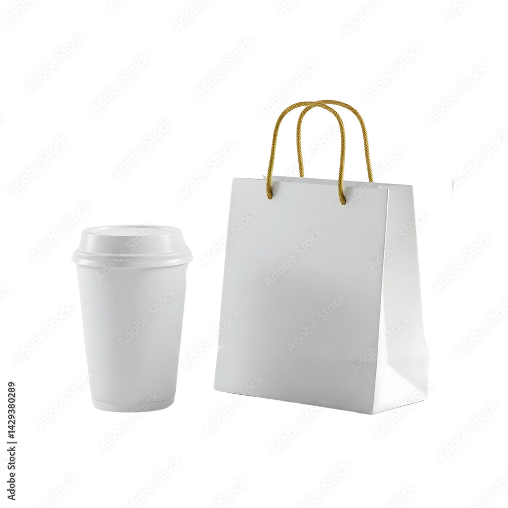 White Paper Coffee Cup with Lid and Matching Shopping Bag Isolated on transparent background White Paper Coffee Cup with Lid and Matching Shopping Bag Isolated on transparent background