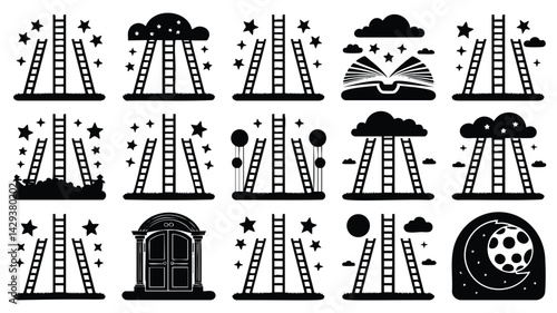 A collection of whimsical ladder icons, each situated in a unique scene