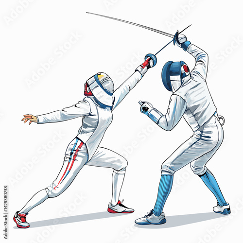 Create a dramatic image of two fencers in a duel, posed dynamically, framed by a sharp, white crest.  High contrast, sharp focus.
