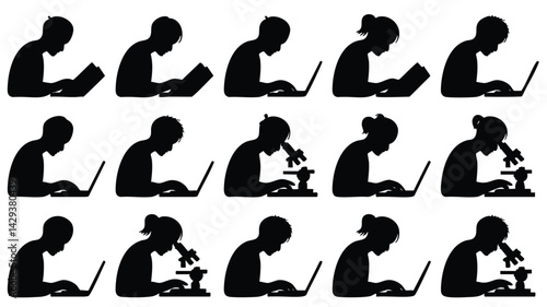 A set of silhouettes depicting students engaged in diverse educational activities, including reading, using laptops, and using microscopes