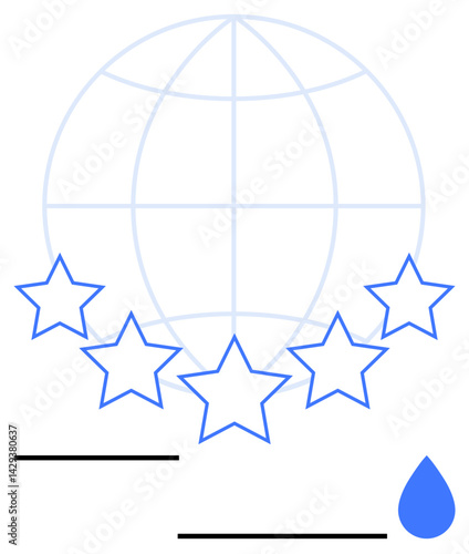 Globe outline with five stars below and blue droplet alongside black lines. Ideal for global ratings, sustainability, environment, reviews, quality, recognition, simple landing page