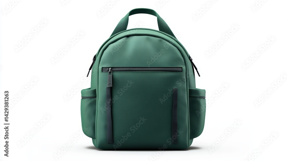 Fototapeta premium Modern green backpack with minimalist graphic elements, padded shoulder straps, and side pockets, isolate on white background