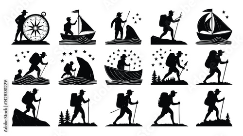 This image set features a collection of black silhouette illustrations of adventurers in various settings, including hiking, sailing, and traversing the sea