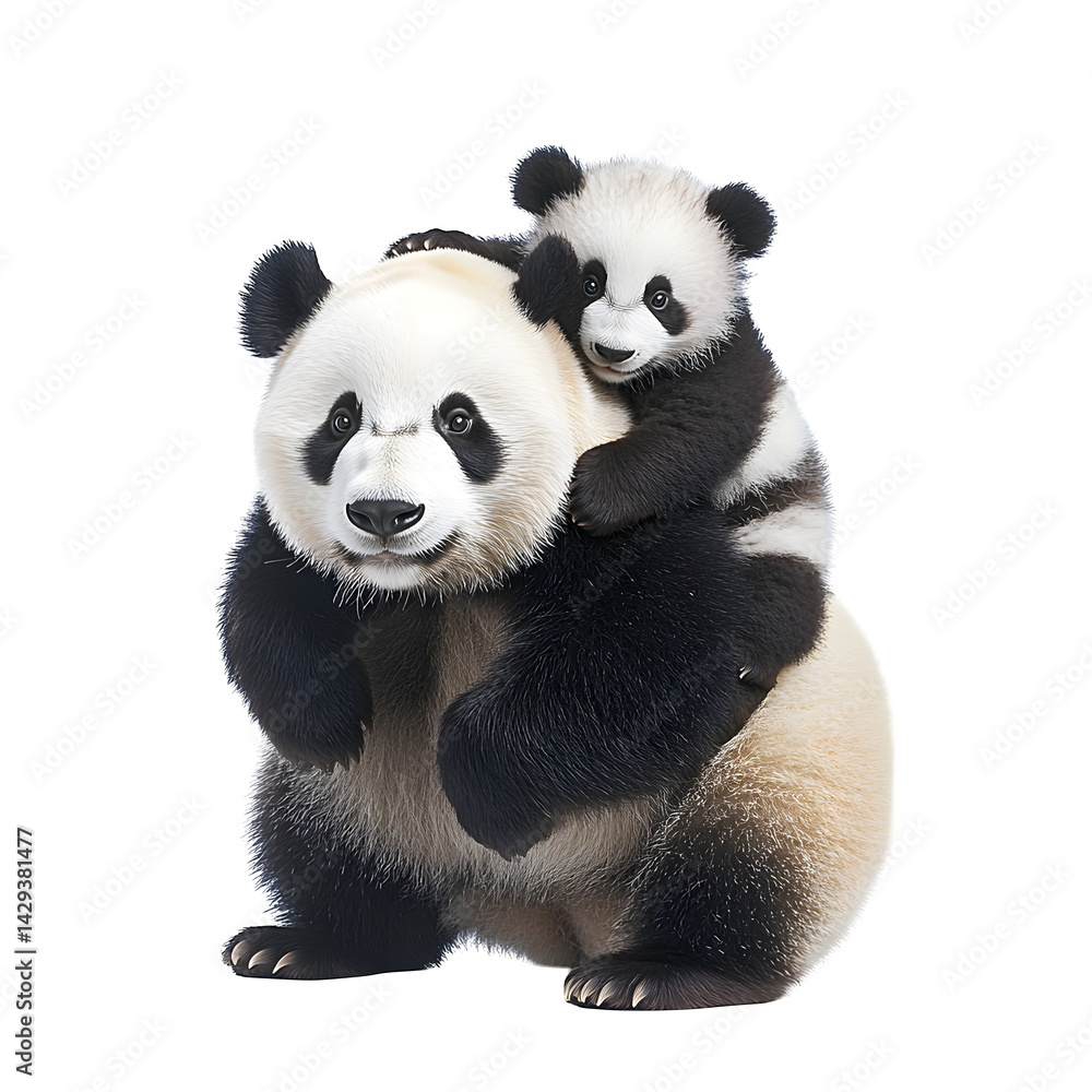 A panda carrying its baby on its back with a black background in a full shot studio photography A panda carrying its baby on its back with a black background in a full shot studio photography