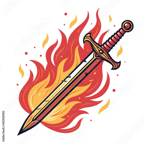 Design a fiery sword icon engulfed in a blazing red aura, emphasizing intense heat and power.  The style should be sharp and visually striking.