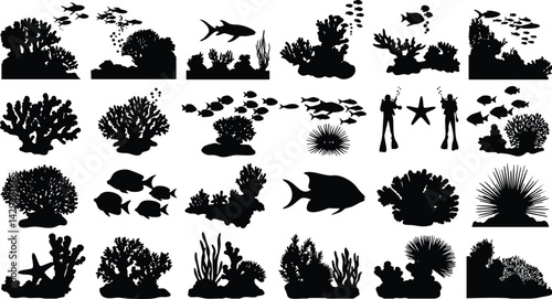 This graphic features a collection of black silhouette illustrations of various underwater creatures and coral reef elements