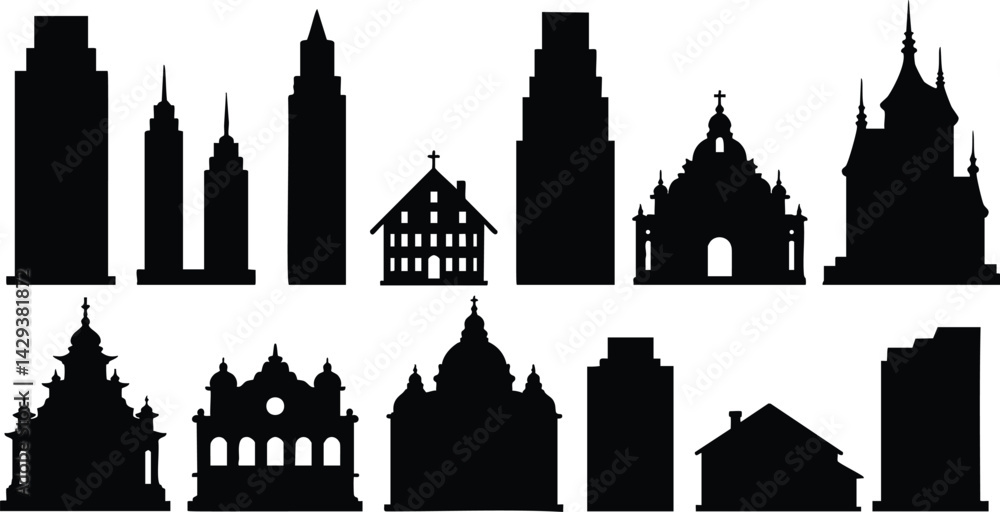 Fototapeta premium This image presents a collection of black silhouettes of various architectural styles, including skyscrapers, churches, and other structures