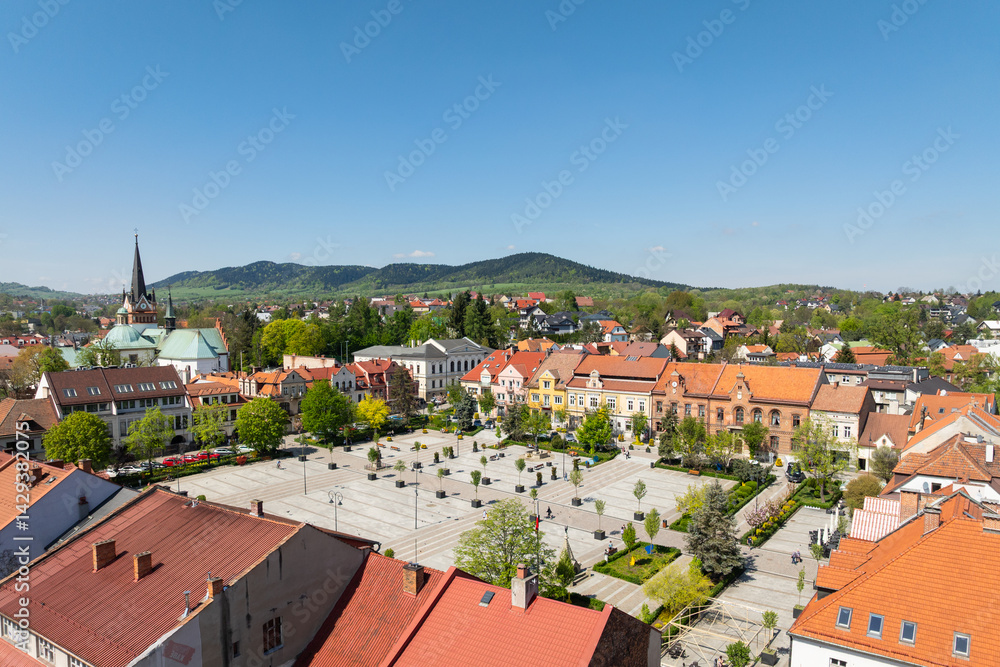 Myślenice city - view of the market square/city center - aerial panorama 2025