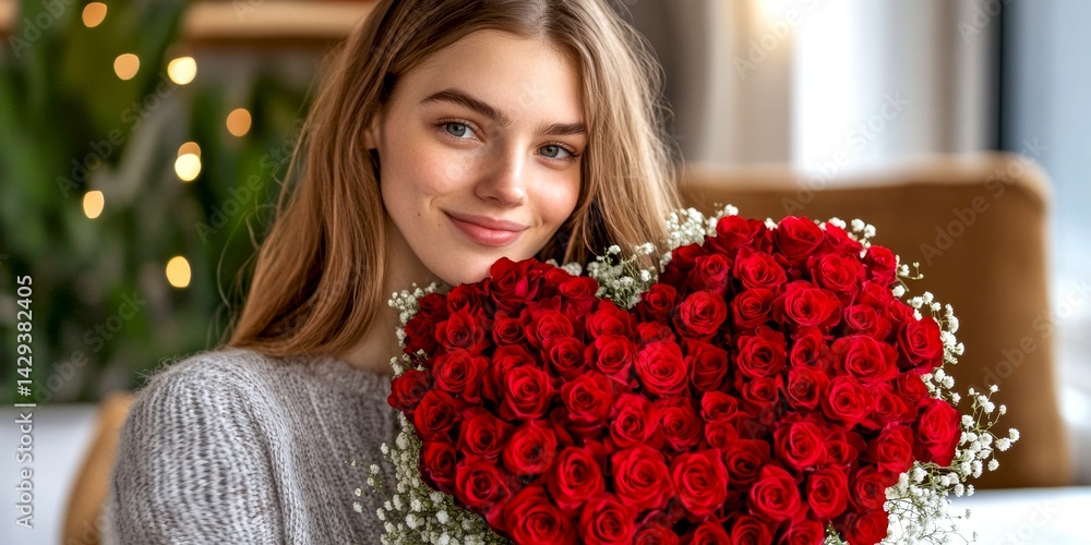 A young woman smiles while holding a heart-shaped bouquet of red roses. This charming image captures love and joy in a cozy setting. Perfect for expressing affection. AI