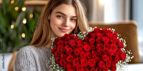 A young woman smiles while holding a heart-shaped bouquet of red roses. This charming image captures love and joy in a cozy setting. Perfect for expressing affection. AI