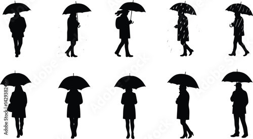 A set of twelve silhouettes of people holding umbrellas, depicting various walking poses in a rainy setting