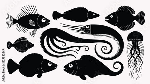 A captivating collection of stylized, black silhouette ocean creatures