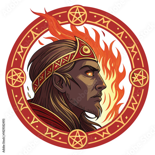 Create a detailed illustration of a fiery mage's head, showcasing intricate runes etched onto the skin and glowing ember eyes.  The focus should be on the detailed texture and magical elements.