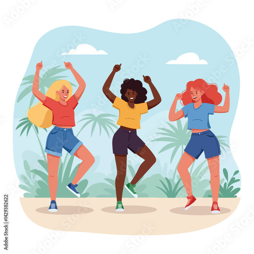 A vibrant illustration featuring three women joyfully dancing against a tropical backdrop. This artwork captures the carefree spirit of summer and celebration