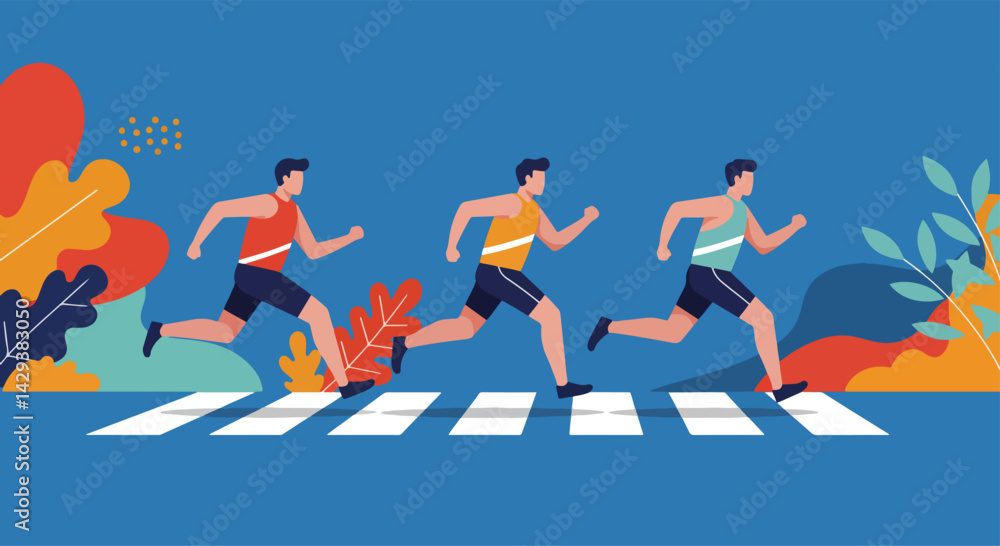 A dynamic illustration featuring three men in athletic wear, running or jogging against a stylized backdrop. This image captures the energy and movement of fitness and healthy lifestyle A dynamic illustration featuring three men in athletic wear, running or jogging against a stylized backdrop. This image captures the energy and movement of fitness and healthy lifestyle