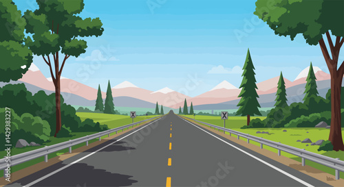A vibrant illustration of a straight road stretching into the distance, framed by lush greenery and mountains under a clear blue sky. This image captures the essence of a scenic journey