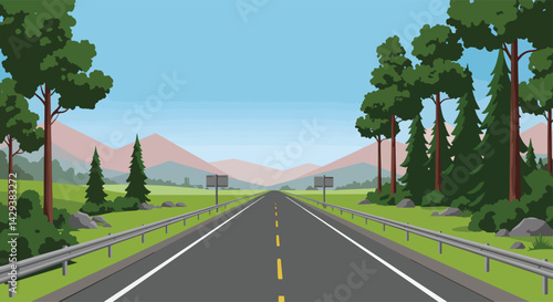 A vibrant illustration of a straight road stretching into the distance, framed by lush greenery and mountains under a clear blue sky. This image captures the essence of a scenic journey