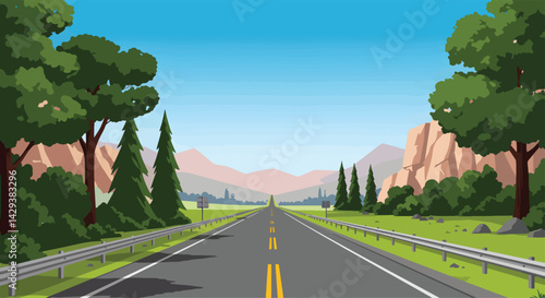 A vibrant illustration of a straight road stretching into the distance, framed by lush greenery and mountains under a clear blue sky. This image captures the essence of a scenic journey
