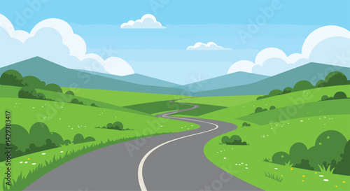 A scenic illustration featuring a winding road leading towards a distant cityscape, framed by lush greenery and a prominent wooden arrow sign
