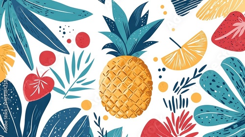  Pineapple surrounded by tropical leaves & berries on white background with oranges, yellows, and blue