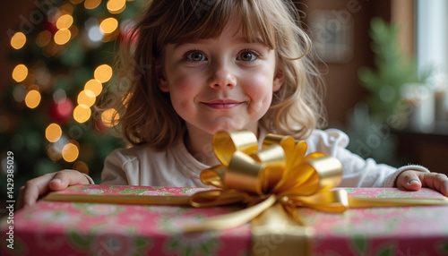 Happy child holding a Christmas gift with a festive background  