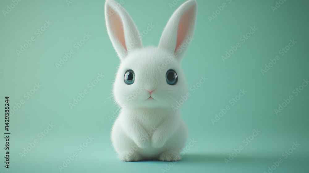 Obraz premium Tiny white bunny with bright eyes, placed against a pastel green background