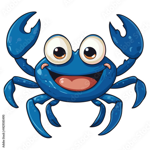 Cute Blue Cartoon Crab Character with Big Eyes White Background