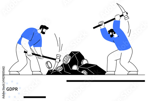 Two miners breaking a rock with tools, symbolizing teamwork, hard work, data processing, digital compliance, and regulation adherence. Ideal for teamwork, mining, GDPR productivity data security