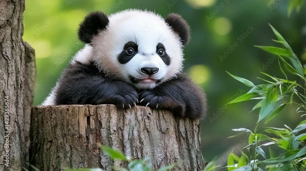Fototapeta premium Adorable baby panda in lush forest setting