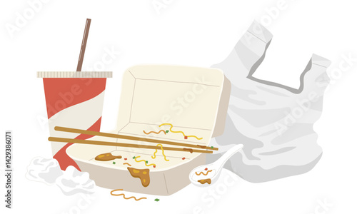Takeaway food garbage illustration. Waste from one meal. Dirty food box, plastic bag, plastic or paper cup, plastic cutlery and tissue paper. Flat vector illustration.