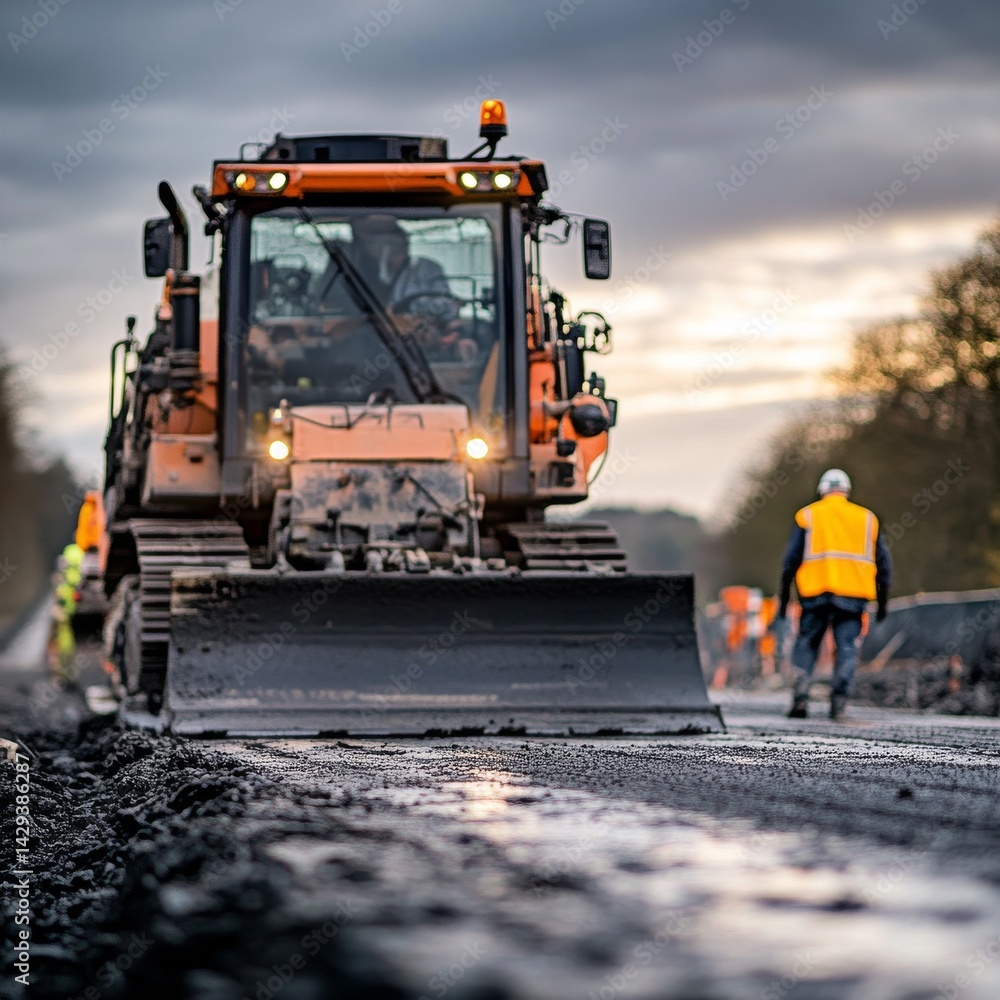 A large road construction vehicle works on a highway at sunset. The scene captures workers collaborating as they pave the asphalt. A dynamic setting for construction projects. AI