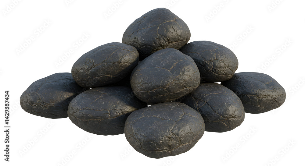 Pile of Smooth Black Rocks Isolated on White Background in Studio Setting Pile of Smooth Black Rocks Isolated on White Background in Studio Setting