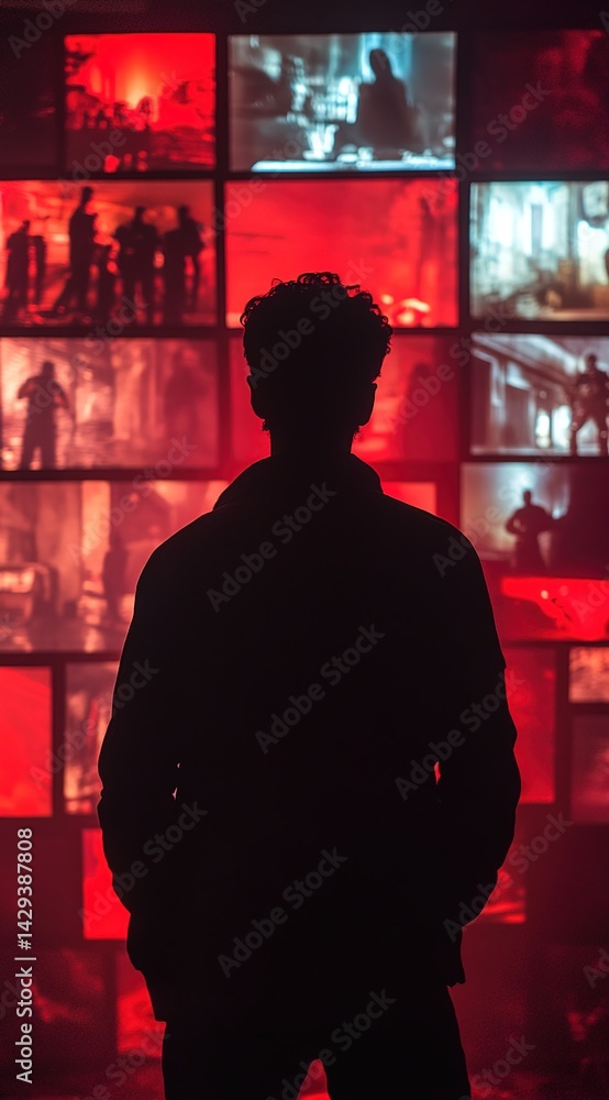 Obraz premium A person standing before multiple screens emitting red light in a dark room.