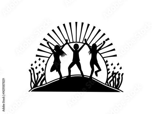 Children celebrating global unity in a silhouette design. International Youth Day graphic with energetic youth silhouettes. Silhouette illustration of three people (one adult, two children) climbing a