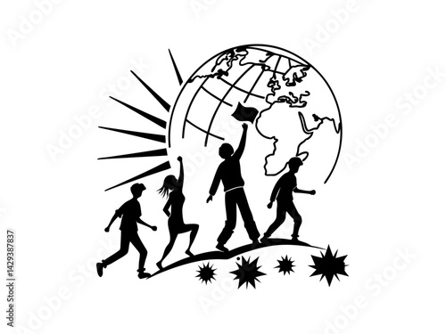 Children celebrating global unity in a silhouette design. International Youth Day graphic with energetic youth silhouettes. Silhouette illustration of three people (one adult, two children) climbing a