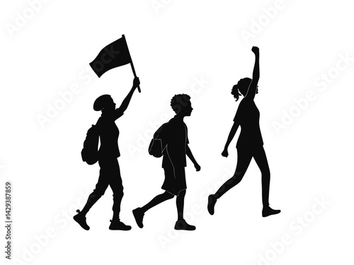 International Youth Day, Three kids with backpacks jumping for joy, silhouette style. A powerful, impactful image of three people, depicted as silhouettes, marching forward, likely in a protest. Youth