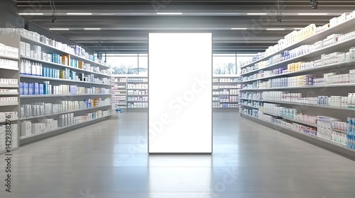 A blank white billboard centered in a well-lit pharmacy aisle with shelves fully stocked with medicines and healthcare products.