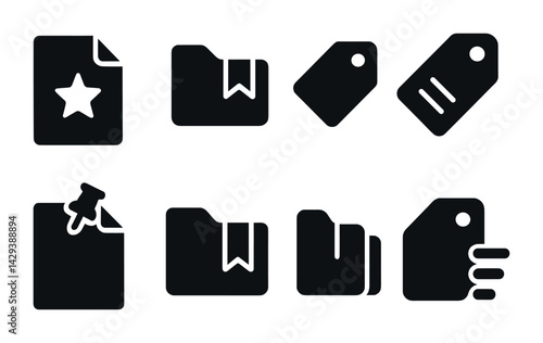 Document and organization solid icons – silhouette style library, file management, and tagging tools: document star, folder bookmark, tag, label, sticky note, organizing, hand holding tag.