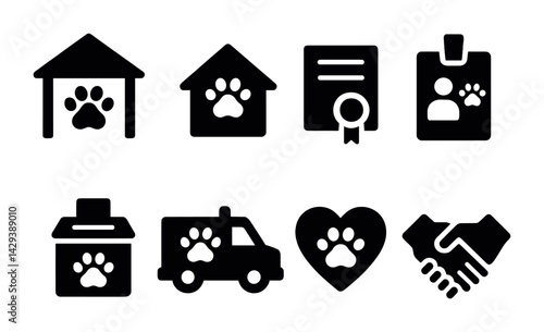 Pet care silhouette icon set – solid style for animal welfare and veterinary services: shelter, house, certificate, volunteer badge, donation box, mobile clinic, adoption, partnership