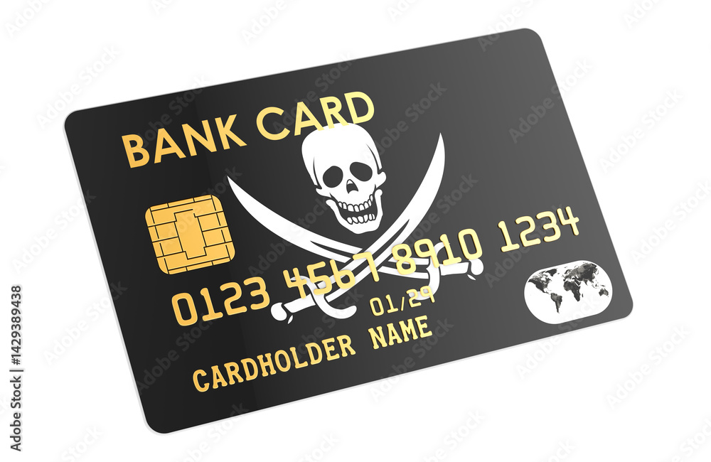 Obraz premium Plastic bank credit card featuring piracy flag, 3D rendering isolated on transparent background