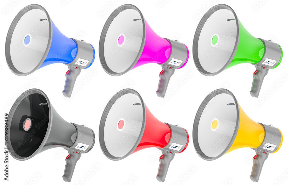 Naklejka premium Set of colored megaphones, 3D rendering isolated on transparent background