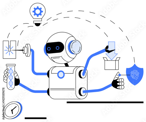 Robot with multiple arms conducting scientific research, completing tasks such as security enhancement, packaging, and idea generation. Ideal for science, automation, technology, innovation