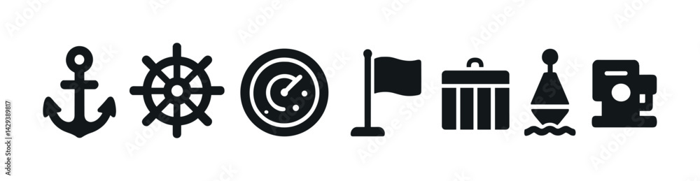 Obraz premium Nautical solid icon set – flat style marine, maritime, and ocean symbols for seafaring adventures: anchor, ship wheel, compass, flag, trash bin, buoy, sewing machine