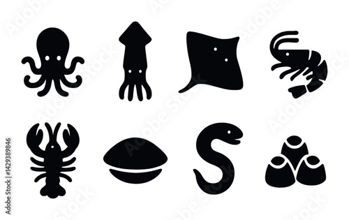 Marine life silhouette icons set – solid style ocean, sea creatures, and aquatic symbols for digital art: octopus, squid, stingray, shrimp, lobster, clam, eel, seaweed.