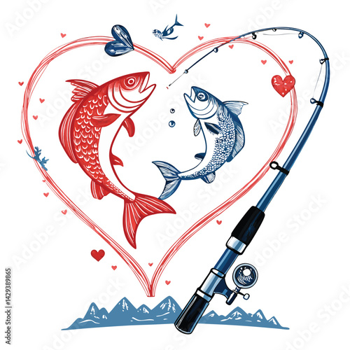 A fishing rod elegantly curved into a heart shape, with several fish leaping joyfully above it, creating a vibrant, whimsical scene.