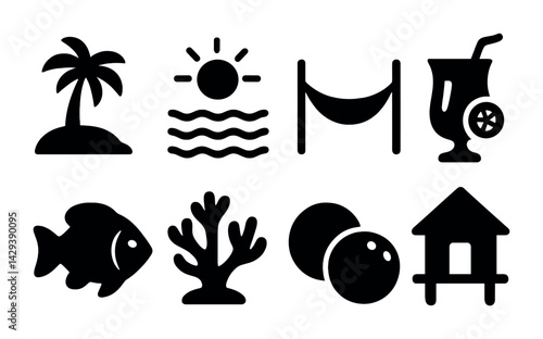 Tropical beach solid icon set - filled style vacation, relaxation, and summer symbols for getaways: palm tree, sunshine, hammock, cocktail, fish, coral, beach ball, hut.