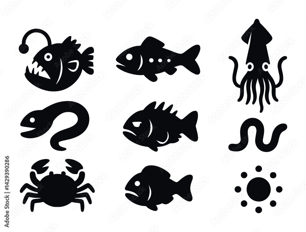 Obraz premium Marine life silhouette icons set – solid style ocean creatures and sea wildlife symbols for aquatic-themed designs: anglerfish, squid, eel, crab, fish, octopus, wave