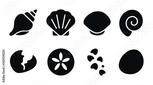Sea life silhouette icon set – solid style marine, ocean, and beach symbols for coastal projects: conch, seashell, clam, nautilus, broken shell, sand dollar, coral, pebble.