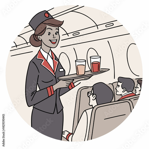 Flight attendant serving drinks on an airplane with a friendly smile in an engaging cabin environment and copy space
