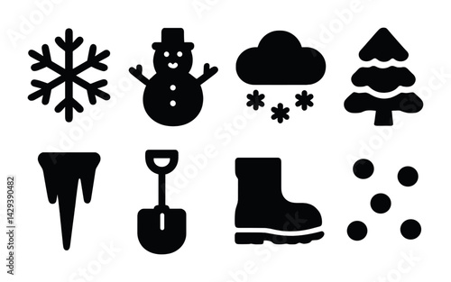 Winter and snow solid icon set – filled style essentials for seasonal design, cold weather, and holiday branding: snowflake, snowman, cloud, tree, icicle, shovel, boot, snowballs.